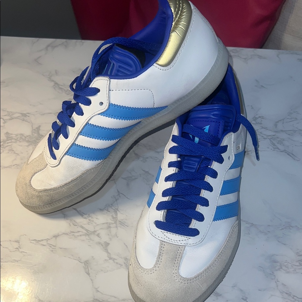 Adidas White and Blue Indoor Soccer Shoes  with Gold Accent